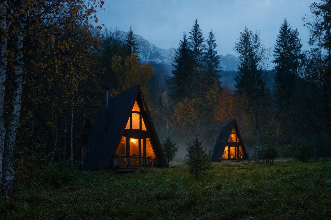 Două căsuțe de lemn tip A-Frame într-o poiană de munte, la ora albastră, cu lumină caldă la ferestre