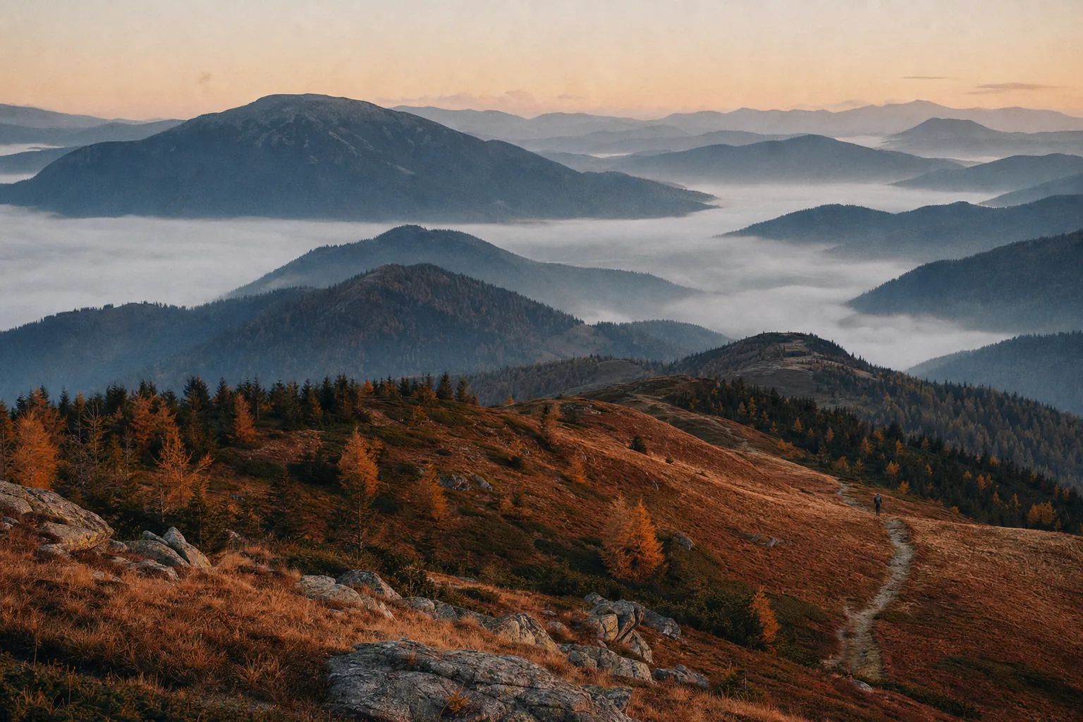 Creste de munte în Retezat la răsărit, cu ceață joasă în valea de dedesubt și o potecă de larice arămiu în prim-plan