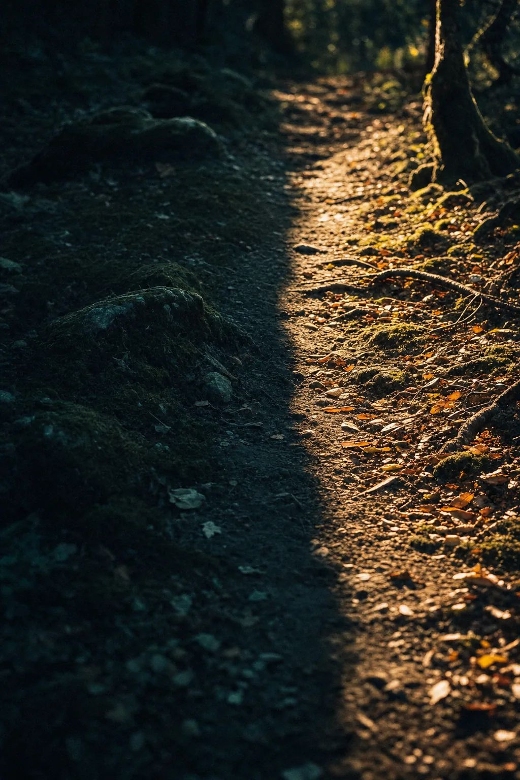 Potecă de pădure împărțită exact între umbră rece și lumină caldă de toamnă